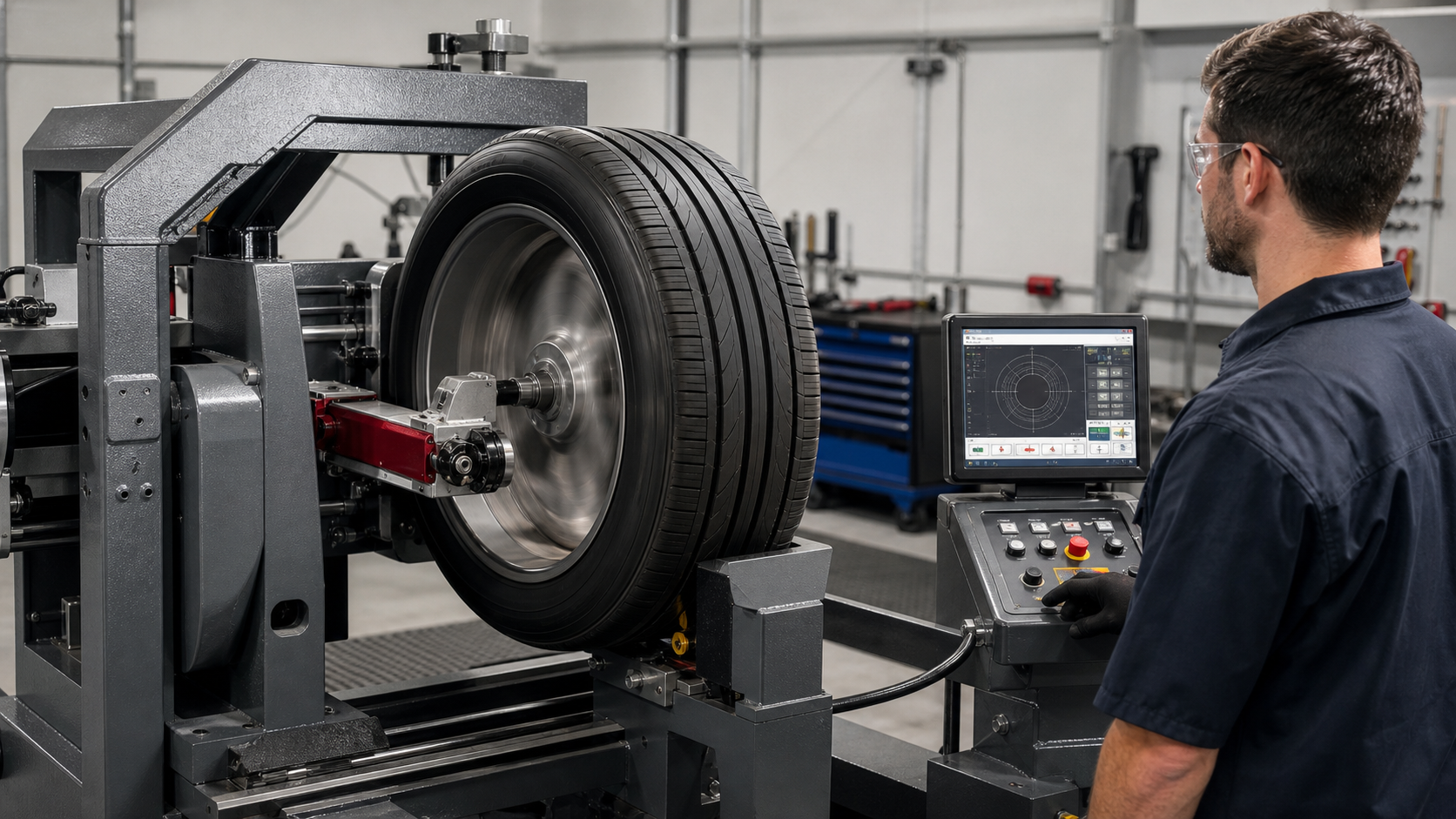 Professional tire truing machine demonstration in a workshop