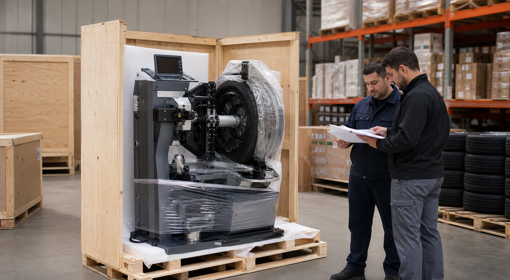 Professional tire truing machine prepared for export shipment