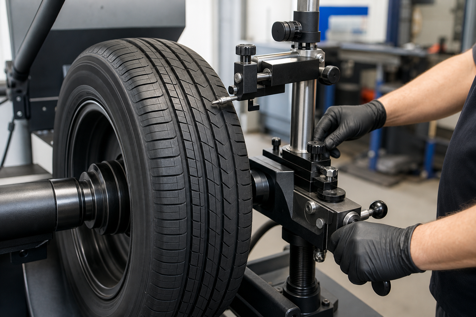Close-up of tire truing process on a professional machine
