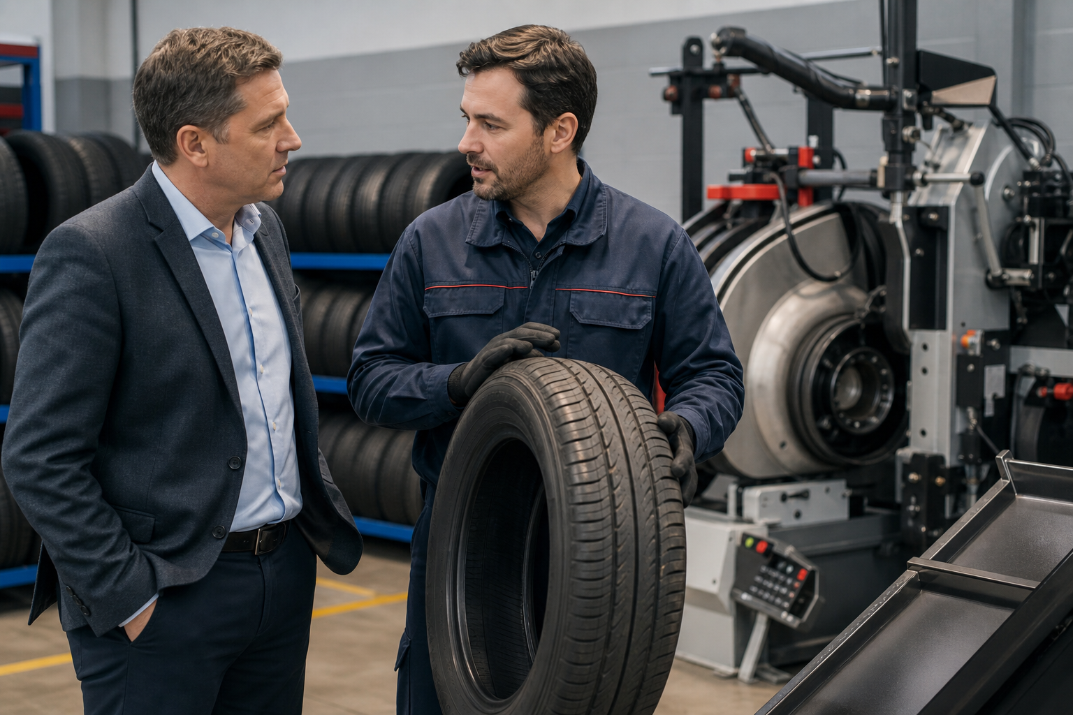 Technician explaining tire reconditioning service in a professional workshop